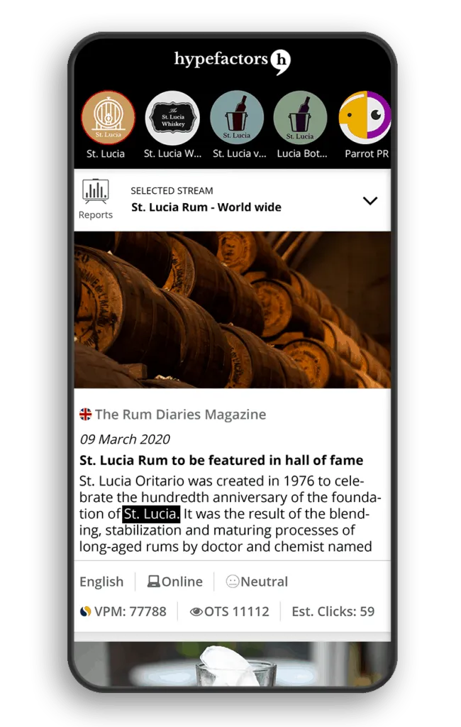 The Hypefactors app on a phone: the brands at the top and the mentions of the selected stream