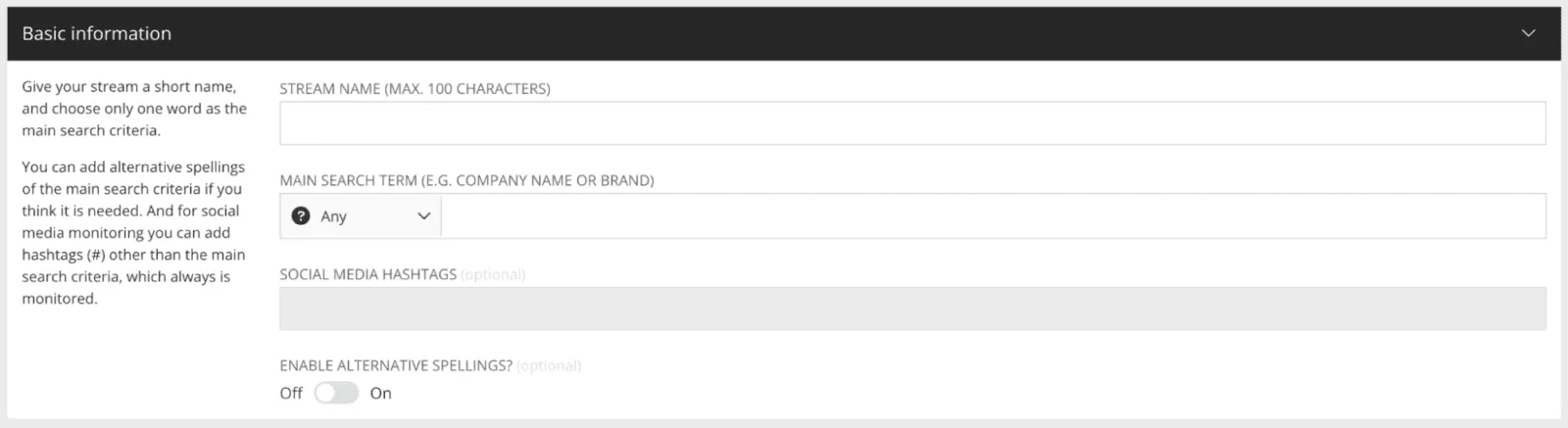 Creating a stream in Hypefactors: the main search term is set to “Any”