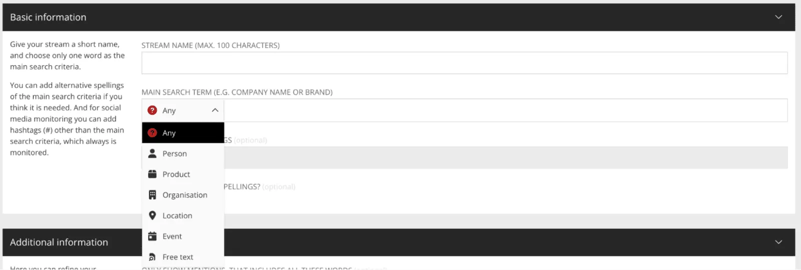 The main search term’s drop-down: Any, Person, Product, Organisation, Location, Event and Free text