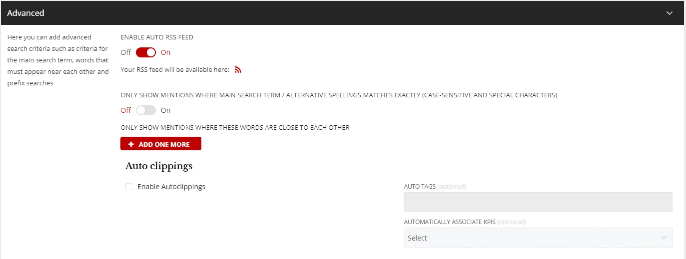 Advanced stream settings: auto RSS feed, exact matching, words close to each other and auto clippings
