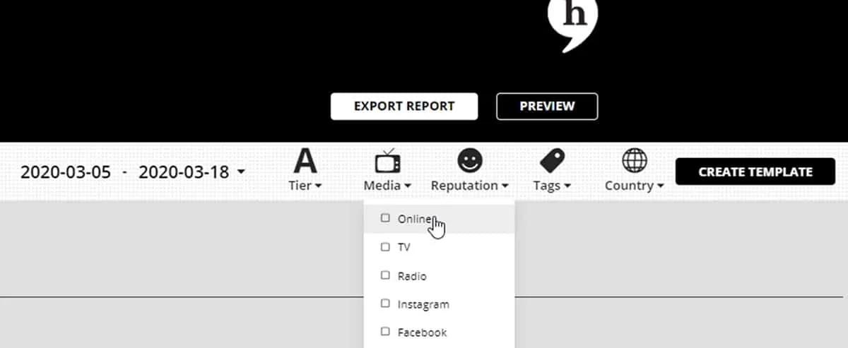 Setting up a report in Hypefactors: filters for dates, tier, media, reputation, tags and country