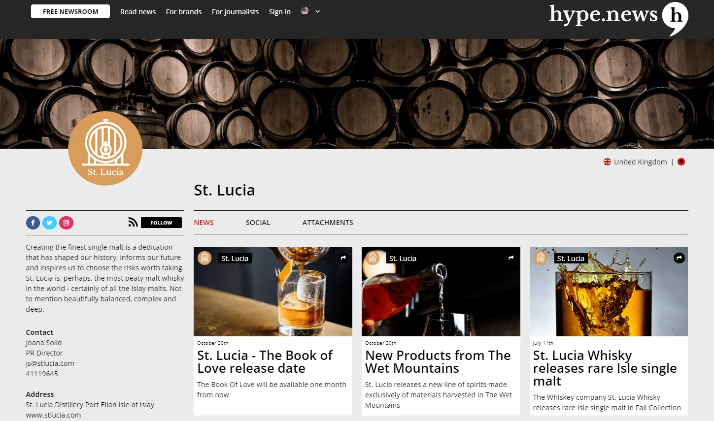 A brand’s newsroom on Hype.News: news, social posts and attachments, with the contact details beside them