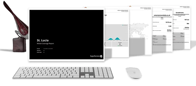 A Hypefactors media coverage report on a desktop screen