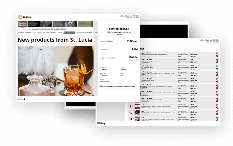 Rapportsider med en enkelt artikel og en liste over presseklip
