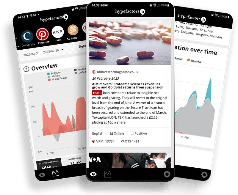 The Hypefactors app on three phones